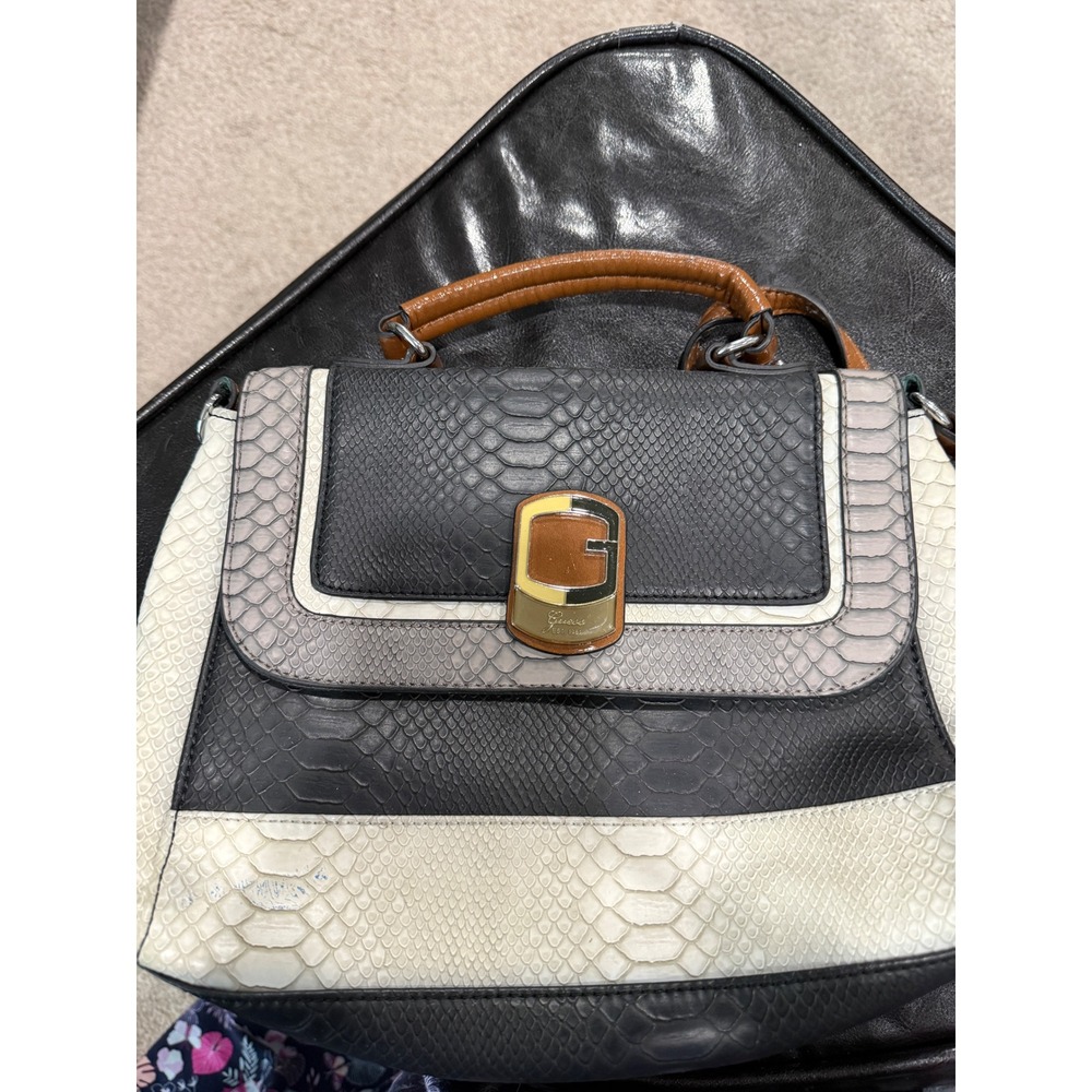 Guess Snakeskin Stripe Satchel Handbag Convertible Shoulder Bag Gold Tone Logo‎